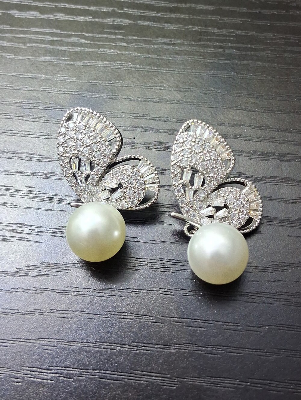 Silver Butterfly Drop Pearl Earrings